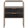 Table de chevet en métal laiton antique avec tiroirs en bois noir et design arrondi élégant.