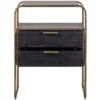 Table de chevet en métal laiton antique avec tiroirs en bois noir et design arrondi élégant.